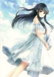 Rule 34 | 1girl, :d, absurdres, bare shoulders, black hair, corrupted metadata, dress, grey eyes, hagiwara rin, hair ribbon, hat, highres, long hair, looking back, open mouth, ribbon, sky, smile, solo, sun hat, sundress