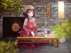 Rule 34 | 1girl, blurry, breasts, cathayan, depth of field, dress, hourglass, large breasts, long hair, looking at viewer, official art, original, red dress, red eyes, sitting, solo, table, wooden table