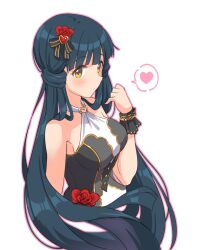 Rule 34 | 1girl, bare shoulders, black wrist cuffs, blue hair, blush, bow, breasts, cropped torso, damokan66, dress, flower, from side, hair bow, hair flower, hair ornament, hair ribbon, halterneck, hand up, heart, heart hair ornament, highres, idolmaster, idolmaster million live!, idolmaster million live! theater days, kitakami reika, long hair, looking at viewer, low twintails, medium breasts, parted lips, red flower, ribbon, simple background, sleeveless, sleeveless dress, smile, solo, speech bubble, striped ribbon, twintails, two-tone dress, two-tone ribbon, very long hair, white background, wrist cuffs, yellow eyes