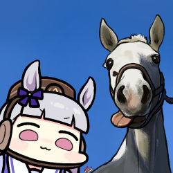Rule 34 | 1girl, :3, animal ears, blue sky, bow, closed mouth, gold ship (racehorse), gold ship (umamusume), hair bow, horse, horse ears, horse girl, jazz jack, looking at viewer, lowres, name connection, outdoors, photo-referenced, purple eyes, purple hair, signature, sky, tongue, tongue out, umamusume