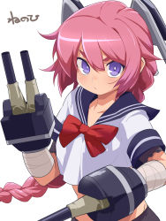 Rule 34 | 10s, 1girl, absurdres, adapted costume, arm cannon, bandages, bandaged arm, bike shorts, bodysuit, braid, cannon, character name, gun, hair between eyes, headgear, highres, kantai collection, long hair, looking at viewer, nenohi (kancolle), pink hair, pu-chin, purple eyes, school uniform, serafuku, shirt, short sleeves, simple background, single braid, solo, weapon, white background
