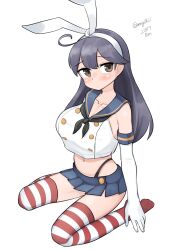 Rule 34 | 1girl, absurdres, ahoge, animal ears, black hair, black neckerchief, blue skirt, blush, breasts, brown eyes, buttons, closed mouth, commentary request, cropped shirt, dated, double-breasted, elbow gloves, fake animal ears, gloves, hair between eyes, highres, kantai collection, large breasts, long hair, looking at viewer, maru (marg0613), miniskirt, neckerchief, one-hour drawing challenge, pleated skirt, sailor collar, shirt, simple background, sitting, skirt, sleeveless, sleeveless shirt, solo, striped clothes, striped thighhighs, thighhighs, thong, twitter username, ushio (kancolle), wariza, white background, white shirt