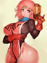 Rule 34 | 1girl, breasts, circlet, curvy, dragon quest, dragon quest dai no daibouken, fumio (rsqkr), gloves, green background, gun, handgun, highres, large breasts, long hair, looking at viewer, maam, parted lips, pink eyes, pink hair, red gloves, simple background, solo, thick thighs, thighs, weapon, wide hips