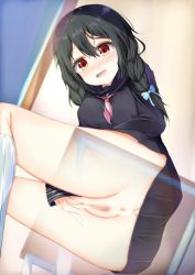 Rule 34 | 1girl, :d, anus, aties20, black hair, black sailor collar, black serafuku, black shirt, black skirt, blush, braid, censored, chair, commentary request, female masturbation, from below, hair between eyes, hair over shoulder, highres, indoors, kneehighs, long hair, looking at viewer, looking down, masturbation, mosaic censoring, neckerchief, no panties, nose blush, on chair, open mouth, original, pink neckerchief, pleated skirt, pussy, red eyes, ribbed legwear, sailor collar, school chair, school uniform, serafuku, shirt, sitting, skirt, smile, socks, solo, twin braids, white socks, x-ray