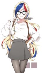 Rule 34 | 1girl, backpack, bad id, bad twitter id, bag, blonde hair, blue eyes, blue hair, commandant teste (kancolle), dress, glasses, hair ribbon, kantai collection, long hair, looking at viewer, morinaga miki, multicolored hair, pantyhose, red hair, ribbon, simple background, smile, solo, sweater, very long hair