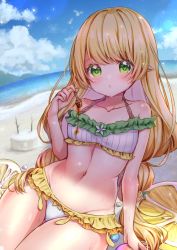 Rule 34 | 1girl, bare shoulders, bikini, blonde hair, blush, breasts, clip studio paint (medium), closed mouth, commentary request, copyright request, day, frilled bikini, frills, green eyes, groin, hand up, heart, heart-shaped pupils, highres, holding, horizon, long hair, looking at viewer, navel, ocean, outdoors, pointy ears, sawa (sawasaku), small breasts, solo, summer, swimsuit, symbol-shaped pupils, very long hair, virtual youtuber, water, white bikini