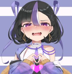 Rule 34 | 1girl, absurdres, black hair, blush, breasts, commentary, earrings, fang, fangs, goddess of victory: nikke, hair between eyes, hair ribbon, heart, heart hands, highres, jacket, jewelry, looking at viewer, mikkotine, mole, mole under eye, multicolored hair, necktie, off shoulder, open mouth, purple background, purple eyes, purple hair, purple jacket, purple necktie, purple ribbon, ribbon, shirt, short hair, short necktie, simple background, skin fang, sleeveless, sleeveless shirt, small breasts, solo, straight-on, streaked hair, syuen (nikke), triangle earrings, two-tone background, upper body, white background, white hair, white shirt