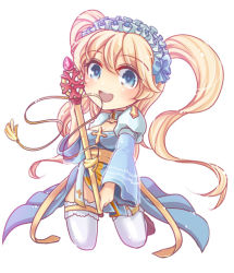 Rule 34 | 1girl, arch bishop (ragnarok online), blonde hair, blue dress, blue eyes, blush, breasts, chibi, cleavage, cleavage cutout, clothing cutout, commentary request, cross, dress, frilled thighhighs, frills, full body, headdress, holding, holding staff, juliet sleeves, kneeling, long hair, long sleeves, looking at viewer, lowres, medium breasts, open mouth, puffy sleeves, ragnarok online, sash, simple background, sion (blackhorse), smile, solo, staff, thighhighs, twintails, two-tone dress, white background, white dress, white thighhighs, yellow sash