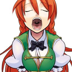 Rule 34 | 1girl, blouse, braid, breasts, chinese clothes, close-up, closed eyes, hair between eyes, hong meiling, kagehito, large breasts, long hair, open clothes, open mouth, open shirt, oral invitation, pov, puffy sleeves, red hair, shirt, simple background, tangzhuang, touhou, twin braids, upper body, uvula, v arms