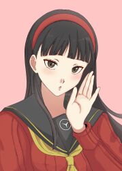 Rule 34 | 1girl, :o, absurdres, amagi yukiko, black hair, black sailor collar, blunt bangs, commentary request, cover, cover page, go-toubun no hanayome, hairband, hand up, highres, long hair, long sleeves, looking at viewer, neckerchief, open mouth, persona, persona 4, red hairband, red sweater, sailor collar, school uniform, serafuku, simple background, solo, sweater, upper body, usa (kawaii 152cm), yasogami school uniform, yellow neckerchief