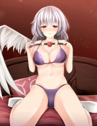 Rule 34 | 1girl, angel wings, ball gag, bed, bikini, breasts, cleavage, closed mouth, eyebrows, feathered wings, frown, gag, unworn gag, gradient background, hair between eyes, halterneck, heart, heart print, highres, holding, kishin sagume, large breasts, light particles, looking at viewer, navel, no shoes, pillow, purple bikini, red background, red eyes, sad, single wing, sinkai, sitting, socks, solo, stomach, swimsuit, touhou, wariza, white hair, white socks, white wings, wiffle gag, wings, yes, yes-no pillow