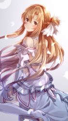Rule 34 | 1girl, absurdres, armor, asuna (stacia), boots, brown eyes, brown hair, closed mouth, dress, faulds, floating hair, from behind, hair intakes, highres, hozumi rino, long hair, looking at viewer, looking back, shoulder blades, sitting, smile, solo, sword art online, thigh boots, thighhighs, very long hair, wariza, white dress, white thighhighs