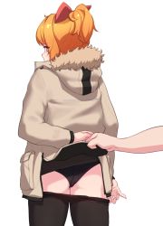Rule 34 | 1girl, ass, bad id, bad pixiv id, black panties, black pantyhose, bow, clothes lift, clothes pull, down jacket, highres, jacket, jacket lift, narynn, narynn (character), orange hair, original, panties, pantyhose, pantyhose pull, pantyshot, pocket, red bow, short ponytail, solo focus, standing, sweatdrop, underwear