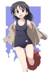 Rule 34 | 1girl, :d, black eyes, black hair, black one-piece swimsuit, border, breasts, brown jacket, chi-hatan school uniform, commentary request, girls und panzer, highres, jacket, kubota rin, leg up, long hair, long sleeves, miniskirt, off shoulder, old school swimsuit, one-hour drawing challenge, one-piece swimsuit, open clothes, open jacket, open mouth, osamada meika, outside border, partial commentary, pleated skirt, red skirt, school swimsuit, school uniform, skirt, skirt around one leg, small breasts, smile, solo, standing, standing on one leg, swimsuit, undressing, white border