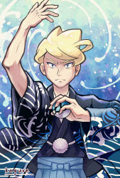 Rule 34 | 1boy, arm up, artist name, blonde hair, blue eyes, blue skirt, closed mouth, commentary request, cosplay, creatures (company), game freak, highres, holding, holding poke ball, japanese clothes, kagure (karaguren), lance (new year&#039;s 2021) (pokemon), lance (pokemon), lance (pokemon) (cosplay), male focus, nintendo, pleated skirt, poke ball, pokemon, pokemon masters ex, pokemon xy, short hair, siebold (pokemon), skirt, solo, textless version