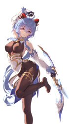 Rule 34 | 1girl, absurdres, ahoge, amos&#039; bow (genshin impact), arm up, bare shoulders, bell, black gloves, black leotard, blue hair, bodystocking, bodysuit, bow (weapon), breasts, brown pantyhose, cqc no hashi neko, detached sleeves, feet, foot out of frame, ganyu (genshin impact), genshin impact, gloves, gold trim, groin, highres, holding, holding bow (weapon), holding weapon, horns, leg up, legs, leotard, leotard under clothes, long hair, looking at viewer, low ponytail, medium breasts, neck bell, no shoes, pantyhose, purple eyes, sidelocks, smile, solo, thighlet, thighs, toes, waist cape, weapon, white background, white sleeves