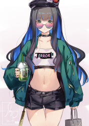 Rule 34 | 1girl, absurdres, bag, beret, black hair, black hat, black shorts, blue hair, breasts, camisole, choker, clothes writing, collarbone, colored inner hair, crop top, cup, disposable cup, drinking straw, eyeliner, fate/grand order, fate (series), green jacket, grey eyes, hat, highres, jacket, long hair, long sleeves, looking at viewer, makeup, multicolored hair, navel, open clothes, open jacket, round eyewear, shopping bag, shorts, sidelocks, small breasts, solo, sunglasses, tenochtitlan (fate), tenochtitlan (second ascension) (fate), thighs, ura illust, wavy hair, white camisole