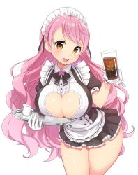 Rule 34 | 1girl, aizono manami, blush, breast rest, breasts, breasts on tray, carried breast rest, carrying, cleavage, cleavage cutout, clothing cutout, commentary, cowboy shot, cup, drinking glass, gloves, heart, heart-shaped pupils, heart cutout, holding, holding cup, holding tray, kanya pyi, large breasts, lips, long hair, maid headdress, miniskirt, nijisanji, pink hair, puffy short sleeves, puffy sleeves, short eyebrows, short sleeves, simple background, skirt, soda, solo, standing, symbol-shaped pupils, thick eyebrows, thick thighs, thighs, tray, very long hair, virtual youtuber, waitress, wavy hair, white background, white gloves, yellow eyes