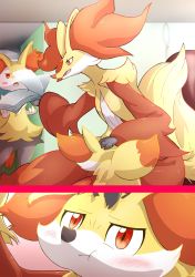 Rule 34 | 2girls, :t, animal ear fluff, animal ears, animal nose, arm up, black fur, blush, blush stickers, body fur, book, braixen, close-up, closed mouth, creatures (company), day, delphox, fang, female focus, fennekin, flat chest, fox ears, fox girl, fox tail, from behind, from side, furry, furry female, game freak, gen 6 pokemon, hand on another&#039;s head, hands up, highres, holding, holding book, indoors, jitome, looking up, multiple girls, multiple views, nintendo, okuyami kitsune, open book, open mouth, pokemon, pokemon (creature), pout, profile, red eyes, red fur, snout, tail, white fur, yellow fur