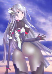 Rule 34 | 1girl, armor, ass, blue eyes, blush, bodysuit, breasts, elbow gloves, from behind, gloves, headgear, horizon ariadust, kyoukaisenjou no horizon, large breasts, long hair, looking back, pantyhose, parted lips, shimaguni yamato, shiny clothes, sideboob, silver hair, solo, thighhighs, very long hair