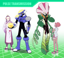 Rule 34 | 1boy, 1girl, anetta (mega man), chiha bobobo, chinese clothes, colored sclera, commentary request, dark-skinned female, dark skin, english text, flashman.exe, green eyes, green sclera, height difference, highres, holding orb, mega man (series), mega man battle network (series), mega man battle network 3, netnavi, plantman.exe, red hair, rei saiko, short hair