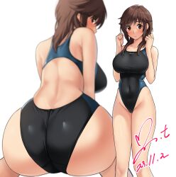 Rule 34 | 1girl, amagami, ass, back, back focus, black one-piece swimsuit, blurry, breasts, brown eyes, brown hair, commentary request, commission, competition swimsuit, dated, depth of field, feet out of frame, from behind, highleg, highleg swimsuit, highres, large breasts, looking back, medium hair, multiple views, one-piece swimsuit, pixiv commission, sakurai rihoko, sidelocks, signature, simple background, swimsuit, two-tone swimsuit, white background, yoo tenchi