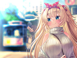 Rule 34 | 1girl, akai haato, aqua eyes, bare shoulders, between breasts, blonde hair, blush, breasts, city, clothing cutout, commentary request, day, hair ornament, headband, heart, heart hair ornament, highres, hololive, large breasts, long hair, magowasabi, nail polish, red nails, shoulder cutout, sideways glance, smile, solo, strap between breasts, sweater, train, two side up, virtual youtuber, white sweater