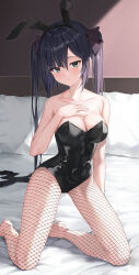 Rule 34 | 1girl, absurdres, alternate costume, animal ears, bare shoulders, barefoot, bed, black hair, black hairband, black leotard, breasts, cleavage, closed mouth, collarbone, covered navel, dawon, fake animal ears, fishnet pantyhose, fishnets, foot out of frame, genshin impact, green eyes, hairband, hand on own chest, highres, kneeling, leotard, long hair, looking at viewer, medium breasts, mona (genshin impact), on bed, pantyhose, pillow, playboy bunny, rabbit ears, solo, thighs, twintails