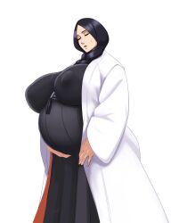 Rule 34 | 1girl, ass, black hair, bleach, breasts, closed eyes, covered erect nipples, female focus, highres, holding stomach, huge breasts, japanese clothes, kimono, long hair, mature female, open mouth, pregnant, simple background, solo, source request, sunnysundown, sweatdrop, teeth, unohana retsu, upper teeth only, white background