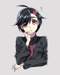 Rule 34 | 1girl, ?, black hair, flower, formal, hair flower, hair ornament, highres, hondoumachi koharu, id invaded, necktie, red eyes, suit