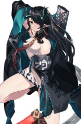 Rule 34 | 1girl, absurdres, arknights, bare shoulders, black footwear, black hair, colored skin, commentary request, dragon girl, dragon horns, dragon tail, dress, dusk (arknights), earrings, hair over one eye, hati105, highres, holding, holding sword, holding weapon, horns, jacket, jewelry, long hair, necktie, off shoulder, open clothes, open jacket, pointy ears, red eyes, red necktie, simple background, sleeveless, sleeveless dress, solo, sword, tail, tattoo, weapon, white background, white dress