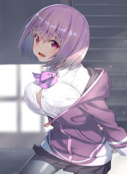 Rule 34 | 10s, 1girl, black pantyhose, black skirt, blush, breasts, cleavage cutout, clothing cutout, commentary request, gridman universe, highres, jonsun, large breasts, long sleeves, looking at viewer, open mouth, pantyhose, pink eyes, pink hair, shinjou akane, shirt, short hair, skirt, solo, ssss.gridman, white shirt