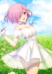 Rule 34 | 1girl, :d, bad id, bad pixiv id, breasts, choker, cleavage, day, dress, fate/grand order, fate (series), gloves, hair ornament, hair over one eye, high heels, highres, kurono kito, leg up, mash kyrielight, mash kyrielight (formal dress), medium breasts, official alternate costume, open mouth, outdoors, purple eyes, purple hair, ribbon, ribbon choker, see-through, shirt, short dress, short hair, sleeveless, sleeveless shirt, smile, solo, standing, white gloves, white ribbon, white shirt