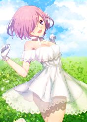 Rule 34 | 1girl, :d, bad id, bad pixiv id, breasts, choker, cleavage, day, dress, fate/grand order, fate (series), gloves, hair ornament, hair over one eye, high heels, highres, kurono kito, leg up, mash kyrielight, mash kyrielight (formal dress), medium breasts, official alternate costume, open mouth, outdoors, purple eyes, purple hair, ribbon, ribbon choker, see-through clothes, shirt, short dress, short hair, sleeveless, sleeveless shirt, smile, solo, standing, white gloves, white ribbon, white shirt