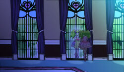 Rule 34 | 1girl, curtains, dress, enouchi ai, facing away, falulu, from behind, full body, green hair, grey eyes, holding, holding clothes, idol clothes, indoors, long hair, paprika private academy school uniform, pink dress, pretty series, pripara, reflection, school uniform, solo, standing, twintails, unworn dress, window