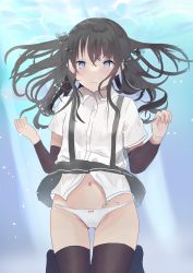 Rule 34 | 1girl, aasu, absurdres, air bubble, arm warmers, asashio (kancolle), black hair, black thighhighs, blue eyes, bubble, flat chest, hair between eyes, highres, holding breath, kantai collection, light rays, long hair, neck ribbon, ocean, panties, ribbon, shirt, short sleeves, skirt, solo, submerged, sunlight, suspender skirt, suspenders, thighhighs, underwater, underwear, water, white panties, white shirt