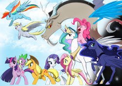 Rule 34 | applejack, beard, bleedman, blonde hair, blue eyes, celestia (my little pony), closed eyes, colored sclera, cutie mark, derpy hooves, discord (my little pony), everyone, eye contact, facial hair, fang, fluttershy, green eyes, hat, horns, jewelry, looking at another, luna (my little pony), multicolored hair, my little pony, my little pony: friendship is magic, no humans, open mouth, pegasus, pink hair, pinkie pie, pony (animal), purple eyes, purple hair, rainbow dash, rainbow hair, rarity (my little pony), red eyes, siblings, single horn, sisters, smile, spike (my little pony), standing, twilight sparkle, unicorn, wings, yellow eyes, yellow sclera