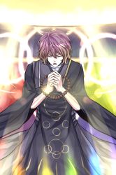 Rule 34 | 1boy, beads, brown hair, energy, closed eyes, gradient hair, hijiri myouren, light, long sleeves, male focus, multicolored hair, naozi, open mouth, own hands clasped, own hands together, prayer beads, purple hair, robe, solo, touhou