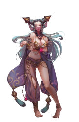 Rule 34 | 1girl, absurdres, anklet, asymmetrical clothes, bangle, barefoot, belly chain, bikini, bikini top only, blue hair, bracelet, breasts, dancer, detached sleeves, earrings, hair horns, harem outfit, harem pants, highres, horn ornament, horns, jewelry, large breasts, lily chen, long hair, long sleeves, mouth veil, nail polish, necklace, original, pants, purple eyes, single pantsleg, swimsuit, veil, wide sleeves
