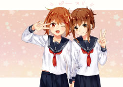 Rule 34 | 2girls, anchor symbol, black sailor collar, black skirt, blush, brown eyes, brown hair, closed mouth, commentary request, fang, folded ponytail, hair between eyes, hair ornament, hairclip, holding hands, ikazuchi (kancolle), inazuma (kancolle), kantai collection, long sleeves, looking at viewer, multiple girls, neckerchief, open mouth, oriharaizaya819, pleated skirt, red neckerchief, sailor collar, school uniform, serafuku, shirt, short hair, simple background, skirt, smile, v, white shirt