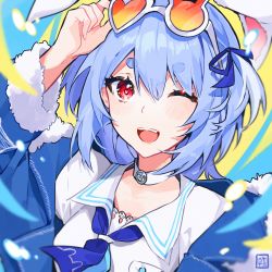 Rule 34 | 1girl, ;d, animal ears, arm up, blue hair, blue jacket, blue neckwear, blue ribbon, blush, breasts, collar, commentary request, eyewear on head, fur-trimmed sleeves, fur trim, hair between eyes, hair ribbon, hayate fish, heart, heart-shaped eyewear, highres, hololive, jacket, long sleeves, looking at viewer, one eye closed, open clothes, open jacket, open mouth, rabbit-shaped eyewear, rabbit-shaped pupils, rabbit ears, red eyes, ribbon, shirt, short eyebrows, small breasts, smile, solo, sunglasses, symbol-shaped pupils, teeth, thick eyebrows, two side up, upper body, upper teeth only, usada pekora, usada pekora (casual), virtual youtuber, white-framed eyewear, white collar, white shirt