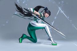 Rule 34 | 1girl, ass, black eyes, black hair, bodysuit, commentary, cosplay photo, english commentary, eve (stellar blade), floating, from behind, gloves, green bodysuit, green footwear, grey background, grey bodysuit, grey footwear, highres, holding, holding sword, holding weapon, larissa rochefort, long hair, looking at viewer, on one knee, parted lips, photo (medium), ponytail, shadow, sleeveless, sleeveless bodysuit, solo, stellar blade, sword, two-tone bodysuit, very long hair, weapon, white gloves