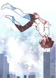 Rule 34 | 1boy, bad id, bad pixiv id, brown hair, city, falling, glasses, male focus, mark (s//d), s//d, shirt, solo, sumadera424, upside-down
