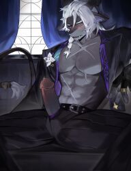 Rule 34 | 1boy, abs, alchemy stars, animal ears, axianorange, bara, bare pectorals, black pants, black suit, blush, braid, bulge, commentary, corsage, couch, english commentary, erection, facial scar, fang, fingerless gloves, flower, formal, furry, furry male, gloves, highres, istvan (alchemy stars), istvan (scarred pith) (alchemy stars), looking at penis, male focus, multiple scars, muscular, muscular male, on couch, one eye closed, open fly, open mouth, pants, pectorals, precum, scar, scar on cheek, scar on chest, scar on face, scar on stomach, sitting, suit, tail, white hair