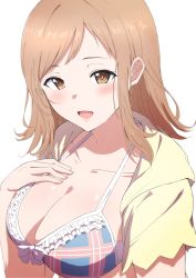 Rule 34 | 1girl, absurdres, blush, breasts, cleavage, collarbone, hand on own chest, highres, idolmaster, idolmaster shiny colors, jacket, large breasts, light brown hair, looking at viewer, medium hair, misaki nonaka, sakuragi mano, simple background, smile, solo, upper body, white background, yellow jacket