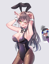 Rule 34 | 2girls, alternate breast size, animal ears, bad id, bad pixiv id, black leotard, black ribbon, breasts, brown hair, cleavage, clming, commentary request, cowboy shot, detached collar, fake animal ears, fishnet legwear, fishnets, girls&#039; frontline, grey background, highres, hk416 (girls&#039; frontline), korean commentary, large breasts, leotard, looking at viewer, multiple girls, neck ribbon, one eye closed, one side up, pantyhose, playboy bunny, rabbit ears, rabbit pose, rabbit tail, ribbon, simple background, smile, solo focus, strapless, strapless leotard, tail, ump45 (girls&#039; frontline), wrist cuffs, yellow eyes