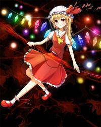 Rule 34 | 1girl, ascot, bad id, bad pixiv id, blonde hair, bow, dress, fang, flandre scarlet, hat, kotou (ko-tou), laevatein, mary janes, mob cap, red dress, red eyes, ribbon, shirt, shoes, short hair, side ponytail, smile, socks, solo, touhou, white shirt, wings