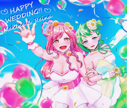 Rule 34 | 2girls, balloon, blue eyes, breasts, bright pupils, cleavage, collarbone, dress, flower, green hair, hair behind ear, hair flower, hair ornament, heart, highres, jewelry, large breasts, locked arms, long hair, m rgfn, macross, macross delta, makina nakajima, medium breasts, multiple girls, open hand, open hands, pink dress, pink flower, pink hair, reina prowler, ring, short hair, smile, white pupils, wife and wife, wrist cuffs, yellow flower, yuri