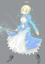 Rule 34 | 1girl, ahoge, armor, artoria pendragon (all), artoria pendragon (fate), blonde hair, breasts, cleavage, dress, fate/stay night, fate (series), greaves, green eyes, grey background, hair ribbon, invisible air (fate), ribbon, saber (fate), solo, tatemaki roll