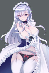 Rule 34 | 1girl, :d, apron, azur lane, bare shoulders, belfast (azur lane), black panties, bow, bow panties, braid, breasts, center frills, chain, cleavage, clothes lift, collar, collarbone, corset, cowboy shot, dress, dress lift, elbow gloves, flashing, french braid, frilled apron, frills, garter belt, garter straps, gloves, gluteal fold, grey background, highres, large breasts, leg up, lifting own clothes, long hair, looking at viewer, maid, maid apron, maid headdress, open mouth, oputon, panties, purple eyes, red bow, silver hair, simple background, skindentation, skirt, skirt hold, skirt lift, sleeveless, sleeveless dress, smile, solo, standing, standing on one leg, thighhighs, underwear, very long hair, white apron, white dress, white gloves, white thighhighs